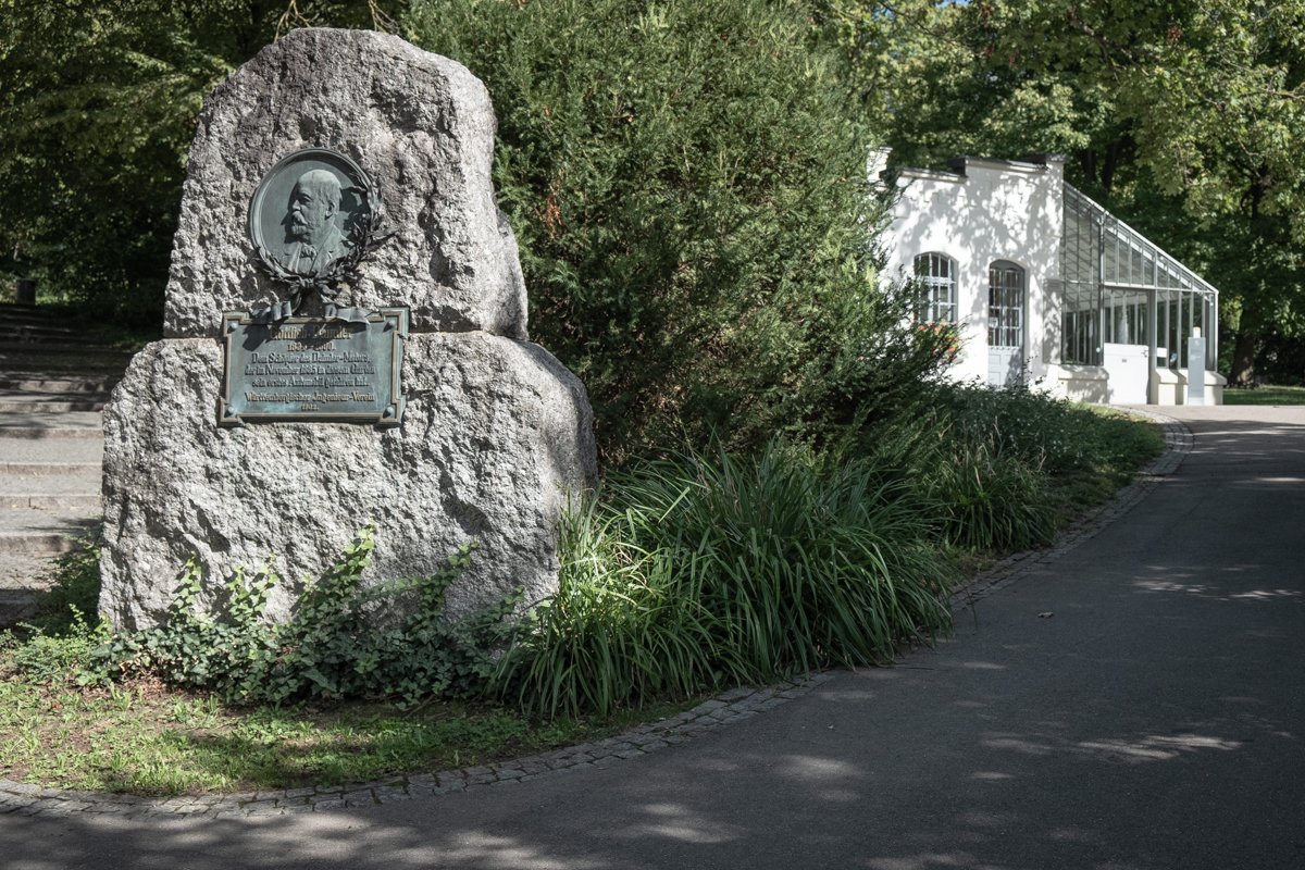 Daimler Memorial in Kurpark, Bad Cannstatt, Stuttgart. Memorial Stone and path leading up to the garden house.