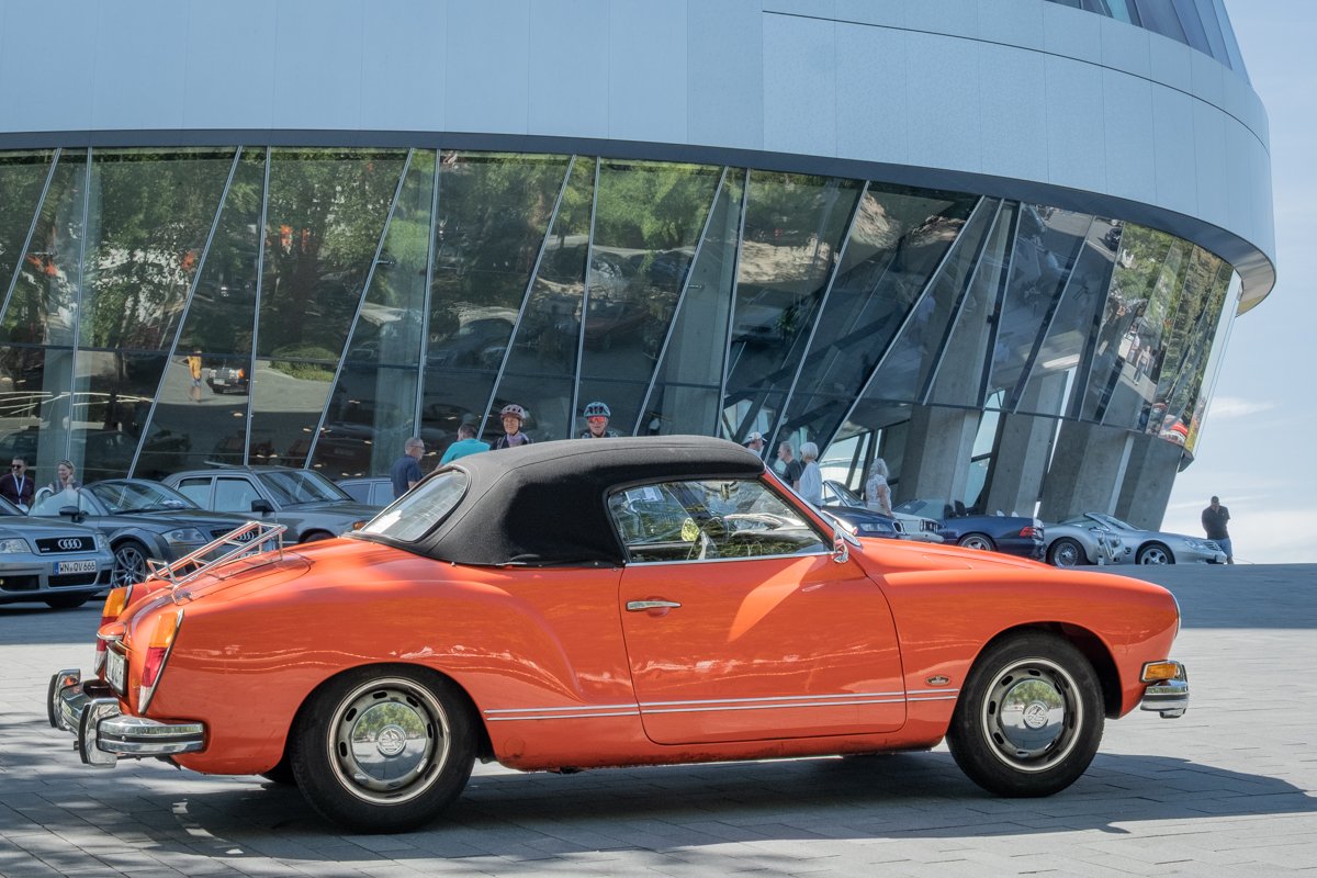 A Vintage Mercedes Benz is parked outside the Mercedes-Benz Museum in Bad Cannstatt, Stuttgart, Germany. 
