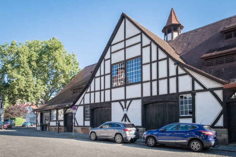 Exerior view of Stuttgart Wine museum in Uhlbach's old half-timbered wine press building.