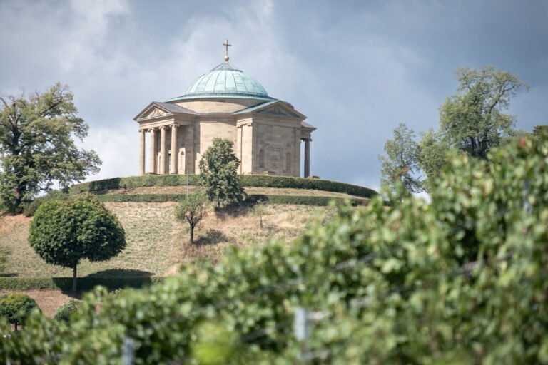The Grabkapelle stands on to of Wurttemberg hill, view looking up from the vineyards below.