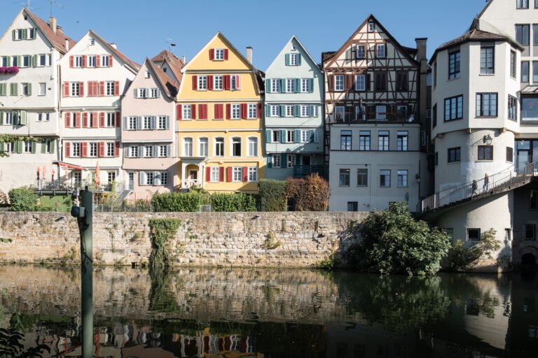 View of Tübingen's colorful houses lining the Neckarfront from across the water